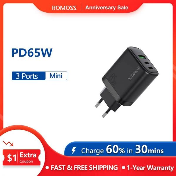 ROMOSS 65W Fast Charge USB Type C Charger QC 3.0 PD 3.0 Quick Charger