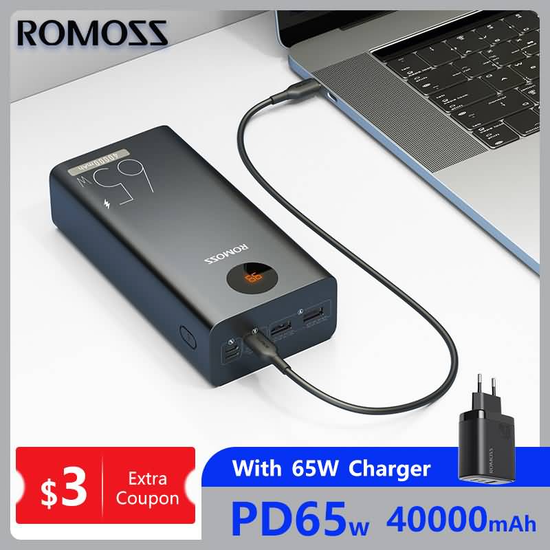 ROMOSS – 65W batterie externe 65W Power Bank 40000mAh, charge rapide,  chargeur Portable USB C, pour ordinateur Portable, iPhone 14 plus,xiaomi